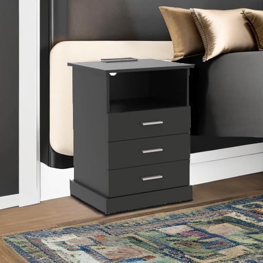 Black LED Nightstand with Charging Station, Side Table with 3 Drawers and Light, End Table with Open Storage, Beside Cabinet for Bedroom (Black)