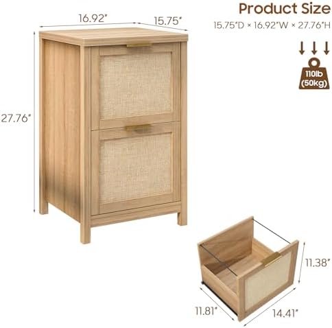 2-Drawer Rattan Small File Cabinet, Vertical Filing Cabinet, Natural Oak