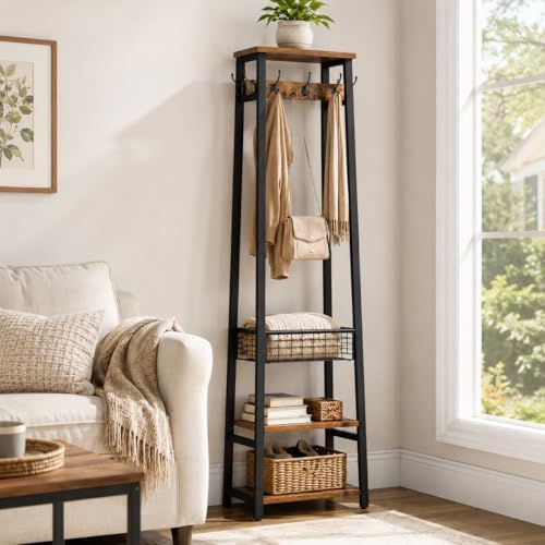 Coat Rack with Metal Basket and Storage Shelves