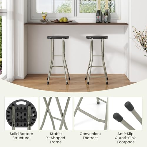 GYMAX Folding Stool, 28in Portable Collapsible Bar Stool with Handle & Steel Frame, 330lbs Sturdy Foldable Lightweight Metal Chair for Outdoor/Indoor Kitchen Home Bar, Assembly Free (Set of 2, 28inch)