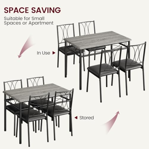 CABIHOME Dining Table Set - 5 Piece Rectangle Kitchen Table with 4 Upholstered Chairs, Perfect for Small Spaces & Apartments - Retro Gray