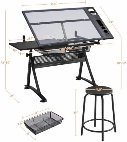 Yaheetech Adjustable Drafting Table & Stool, Tilting Glass Art Desk, Black