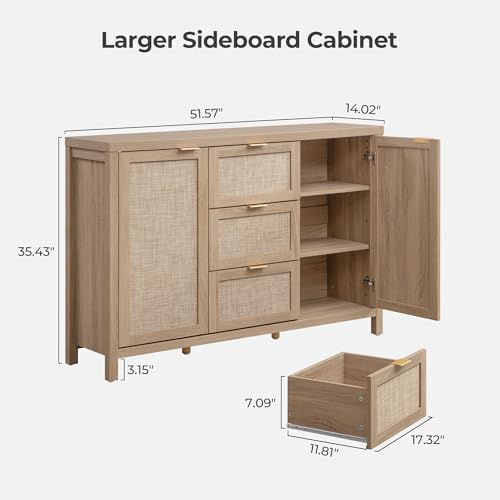 SICOTAS 52 Inch Rattan Sideboard Buffet Storage Cabinet with 3 Drawers