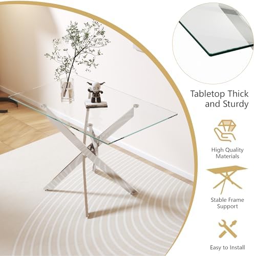 5 Piece Dining Table Set for 4, Modern Tempered Glass Kitchen Table with 4 Upholstered Chairs and Faux Leather Cushions, Space-Saving Small Apartment Dining Kitchen Room Set