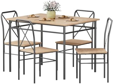 VECELO Dining Table Set for 4, 5-Piece Wood Kitchen Table with Chairs for Small Space, Breakfast Nook, Space-Saving, Natural Black