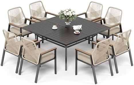 SUNSHINE VALLEY 9pc Patio Dining Set, 57.5" Square Table & 8 Rattan Chairs