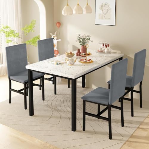 Hooseng Dining Table Set for 4, Kitchen Table and Chairs Set for 4, Small Dining Table Set with Faux Marble Table top & 4 Velvet Upholstered Dining Chairs Dining Room Table Set for Small Space, Gray