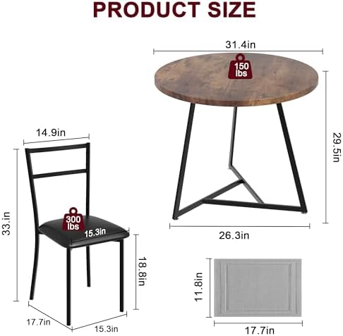 GAOMON Dining Table Set for 2, Kitchen Table and Chairs for 2 with Upholstered Chairs, 3 Piece Dining Room Table Set, Round Kitchen Table Set for Small Space, Apartment, Studio, Rustic Brown