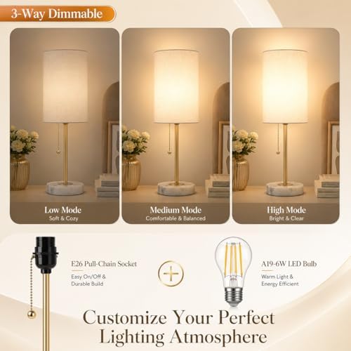JUNNAI Table Lamps Set of 2, Gold Bedside Lamps, 3 Way Dimmable Nightstand La...