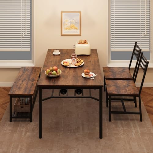 Garvee Dining Table Set for 4 with Bench and Chairs, 4-Piece Kitchen Table Set with Storage – Space-Saving Dining Table for Apartments and Dining Rooms, Brown