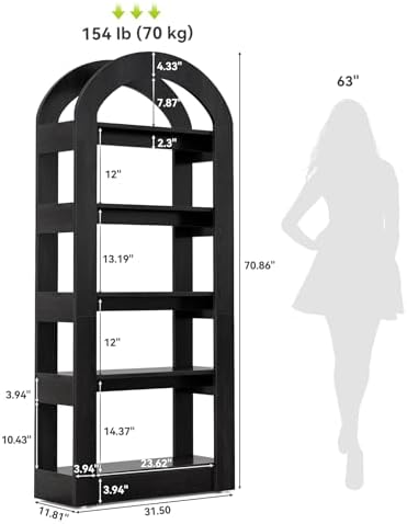 LITTLE TREE 5-Tier Bookshelf, Arch-Shaped Racks, Tall Standing Wooden Bookcase Display Shelf Modern Storage Solution (2, Black)