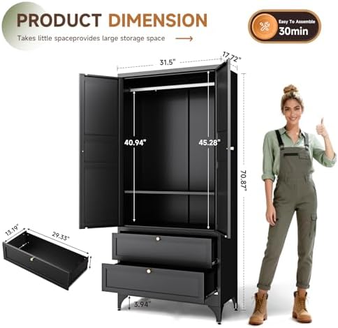Letaya Metal Armoire Wardrobe Closet with Drawers,Clothing Storage Cabinet with Doors and Shelves,Coat Closet with Hanging Rod,Bedroom,Home,Cloak Room,Black-71 H x 32" W x 18" D
