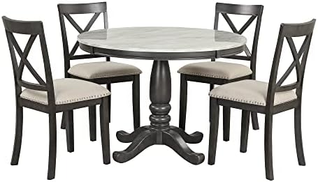 LUMISOL Round Dining Table Set for 4, Faux Marble Kitchen Table Set with 4 Upholstered Chairs for Kitchen, Dining Room, Small Space, Muddy Gray