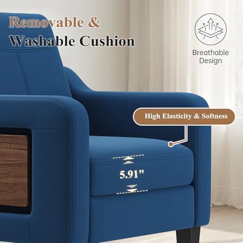 Accent Chairs Set of 2 for Living Room, Mid-Century Upholstered Armchair with Foldable Table & 2 Side Pockets, Modern Linen Wooden Sofa Chair for Bedroom & Reading Room, Blue