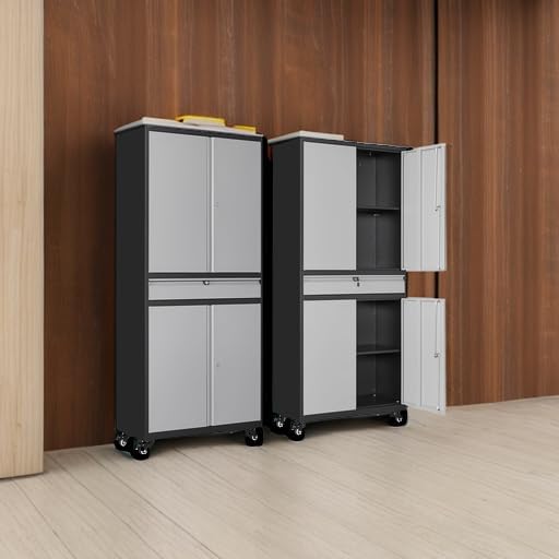 Metal Garage Storage Cabinet with Wheels and Drawer,Gray Rolling Garage Cabin...
