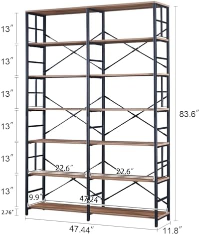 HOMISSUE Bookshelf, Industrial Double Wide 7-Tier Bookshelves, 84" Tall Bookcase with Open Shelves, Heavy Duty Bookcases with Storage for Living Room Home Office, Rustic Brown