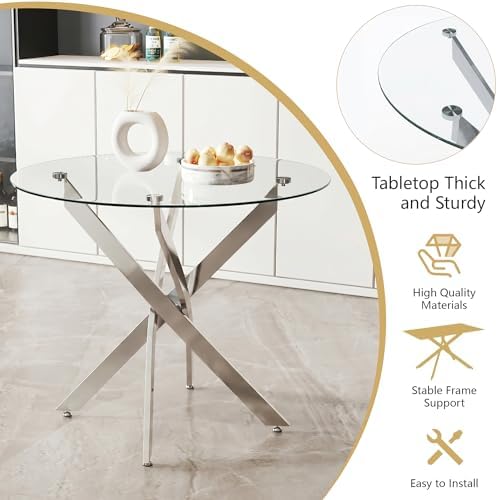 Round Glass Dining Table Set for 4, 35.5'' Tempered Glass Top Kitchen Table with 4 Upholstered Chairs, Space Saving Dinner Table Set for Small Apartment Dining Room, Silver & White