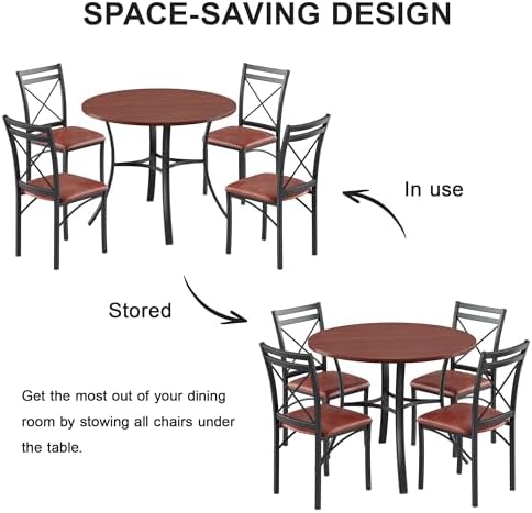 VECELO 5 Piece Dining Table Set for 4 with Chairs, Wood Grain Tabletop, Small Space, Kitchen, Breakfast Nook, Brown