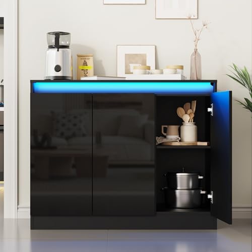 Furnify High Gloss Buffet Cabinet with LED Lights & Charging Station, Black