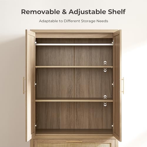 SICOTAS 71 inch Wardrobe Closet, Boho Rattan Armoire Wardrobe with Drawers