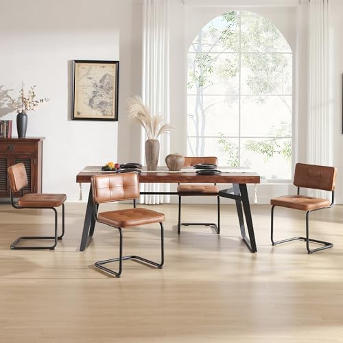 Zesthouse Industrial Metal Dining Chairs Set of 2, Upholstered Leather Kitchen Chairs with Black Metal Base, for Kitchen & Dining Room Living Room, Mid Century Breuer Design Inspired, Armless, Brown