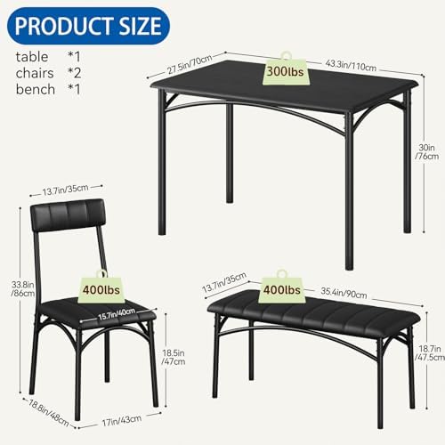 IDEALHOUSE Dining Table Set for 4, Kitchen Table with Chairs for 4, Rectangular Wood Dining Room Table Set with Upholstered Bench for Small Space, Dinner, Apartment, Retro Black