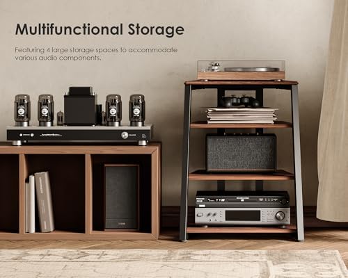 FITUEYES 4-Tier AV Media Stand Corner Shelf for Record Player HiFi, Walnut