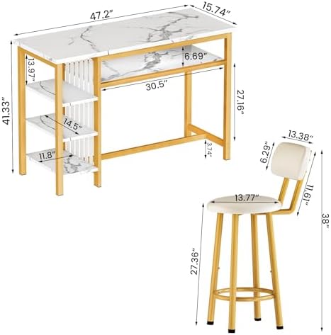 AWQM 3-Piece Bar Table and Chairs Set, Modern White Faux Marble Table with 2 PU Cushion Bar Stools, Kitchen Counter with 3 Tier Storage Shelves, Space Saving Table for Home & Kitchen, White & Gold