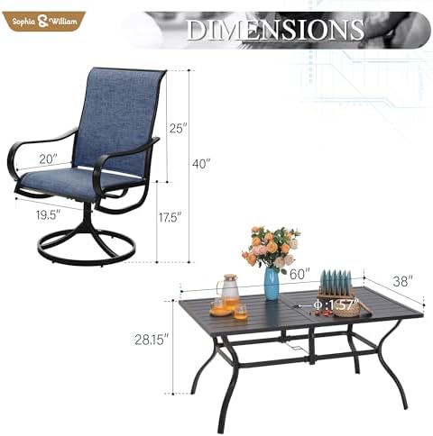 Sophia & William Patio Dining Set for 6 w/Swivel Textilene Chairs, Blue