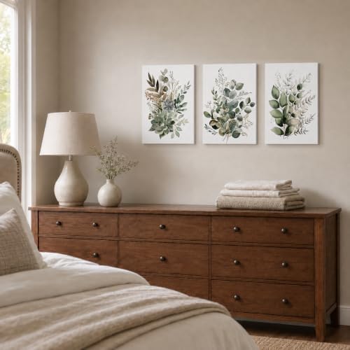 Bwodke Sage Green Botanical Canvas Wall Art Set of 3, 12x16 inch