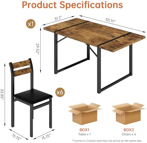 Recaceik 7-Piece Dining Table Set with 6 Chairs, 55" Wooden Kitchen Table & Chairs Set for 4-6, Dining Room Table and Chairs with Solid Metal Frame & MDF Board for Small Space, Easy Assembly, Brown