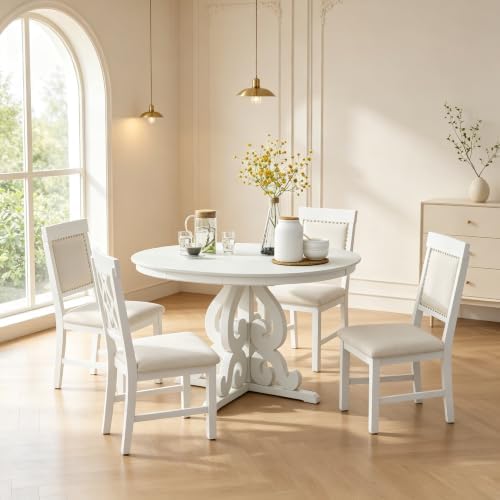 Extendable Dining Table Set for 4-6, Farmhouse Kitchen Table Set with Extendable Round Dining Table & 4 Upholstered Chairs, Solid Wood Table and Chairs Set for Kitchen, Dining Room, Antique White