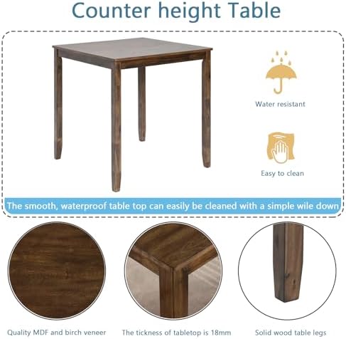 LUMISOL Dining Table Set for 4, Farmhouse Counter Height Kitchen Table Set with 4 Upholstered Chairs, 5-Piece Solid Wood Table and Chairs Set for Kitchen, Dining Room, Small Space, Walnut