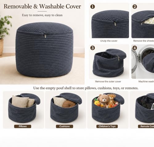 Round Stuffed Pouf Ottoman, Foot Stool Ottoman,Corduroy Poufs with Foam Chunk Filling, Furry and Fluffy Storage Ottomans, 26 X 18 Floor Poufs Foot Rest for Living Room,Gray