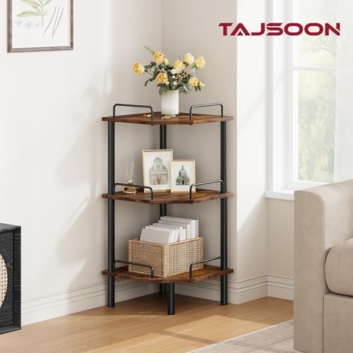 Tajsoon 3 Tier Corner Shelf Stand, Small Corner Table, Rustic Brown