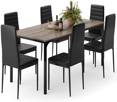 Gizoon 7-Piece Dining Table Set for 6, 63" Kitchen Table & PU Chairs Gray