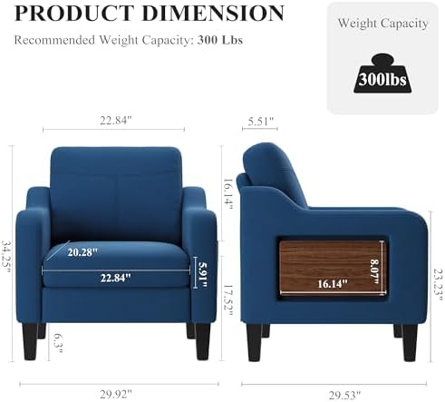Accent Chairs Set of 2 for Living Room, Mid-Century Upholstered Armchair with Foldable Table & 2 Side Pockets, Modern Linen Wooden Sofa Chair for Bedroom & Reading Room, Blue