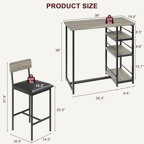 Dining Table Set for 2 with 3 Storage Shelves, 3-Piece Counter Height Kitchen Table Set with 2 Upholstered Bar Stools, Bar Table and Chairs Set for Small Space, Gray