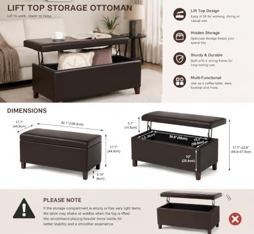 Homebeez 42" Storage Ottoman Bench, Lift Top Faux Leather Coffee Table