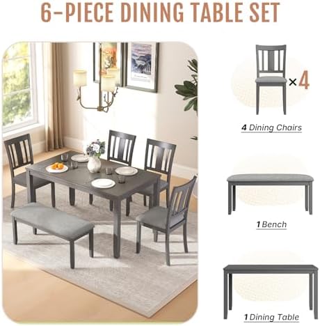 Zevemomo 6-Piece Solid Wood Dining Table Set, Dining Table Set for 6, Grey