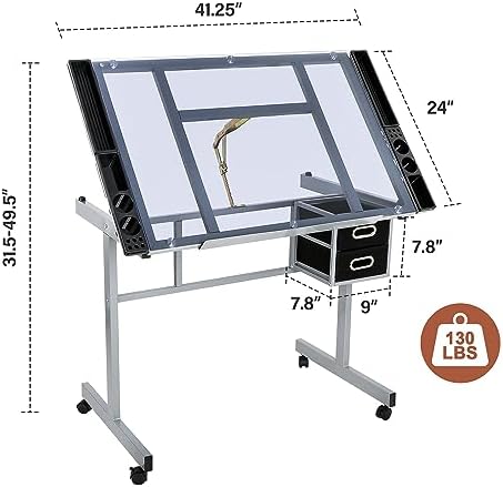Nova Microdermabrasion Glass Top Drafting Table with Storage, Adjustable Drawing Desk Rolling Art Craft Station Writing Work Table with Drawers & Wheels