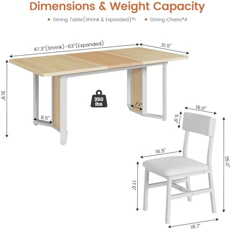 Itaar 5-Piece Dining Table Set for 4-6 People, 63" Extendable Kitchen Table and 4 Cushion Chairs, Dining Room Table with MDF Board & Metal Frame for Small Space, Easy Clean, Natural