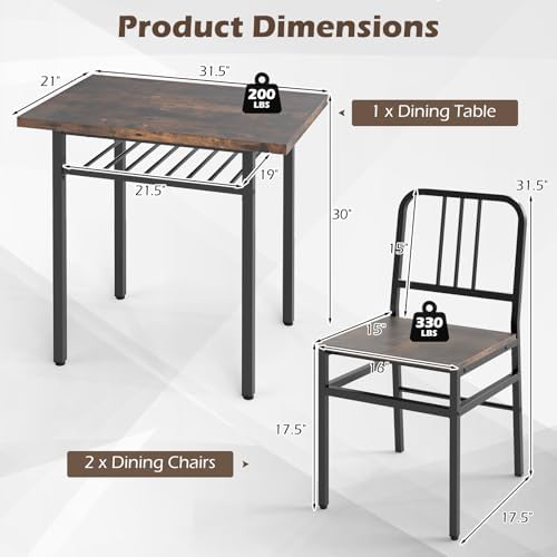 GIANTEX 3-Piece Dining Table Set, Rectangular Kitchen Table with Storage Rack and 2 Dining Chairs, Heavy-Duty Metal Frame, Space-Saving Dinette Set for Breakfast Nook, Apartment (Brown + Black)