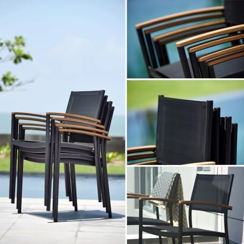 Amazonia Trentino 9 Piece Extendable Patio Dining Set | Teak Finish Table and Sling Black Chairs| Durable, Quick Dry Ideal for Outdoors