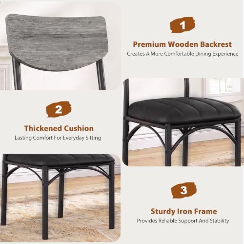 Jocoevol Dining Chairs Set of 4 - Upholstered Dining Room Chairs with PU Leather, Industrial Kitchen Chairs with Wooden Backrest and Thickened Metal Legs, for Dining Room, Living Room（Gray）