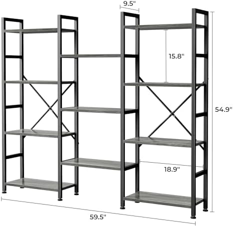 SUPERJARE Triple Bookshelf, Bookcase with 11 Open Display Shelves, Wide Book Shelf Book Case for Home & Office, 4 Tier, Grey