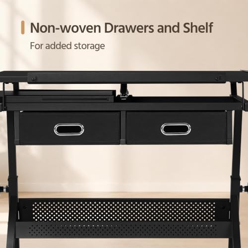Yaheetech Adjustable Drafting Table Art Desk,Storage Drawers & Stool,Black