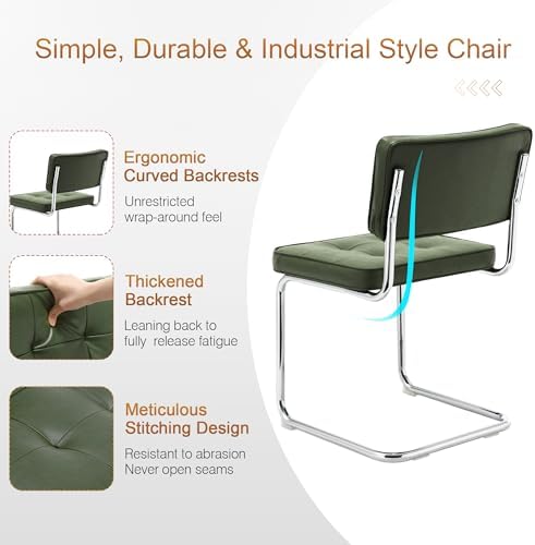 Zesthouse Faux Leather Dining Chairs Set of 4, Industrial Metal Chairs with Stainless Chrome Legs, Mid Century Modern Cesca Chair for Kitchen & Dining Living Room, Upholstered Armless Chair, Green