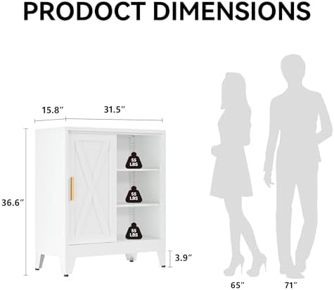 COFaR White 37" H Sliding Door Storage Cabinet, Half Open Half Closed Design, 3-Tier Kitchen Organizer with Adjustable Shelves, 150 lbs Top, Metal Coffee Bar & Buffet Sideboard for Dining Room