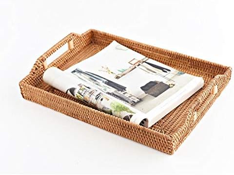 Hand-Woven Rattan Rectangular Serving Tray with Handles for Breakfast, Drinks...